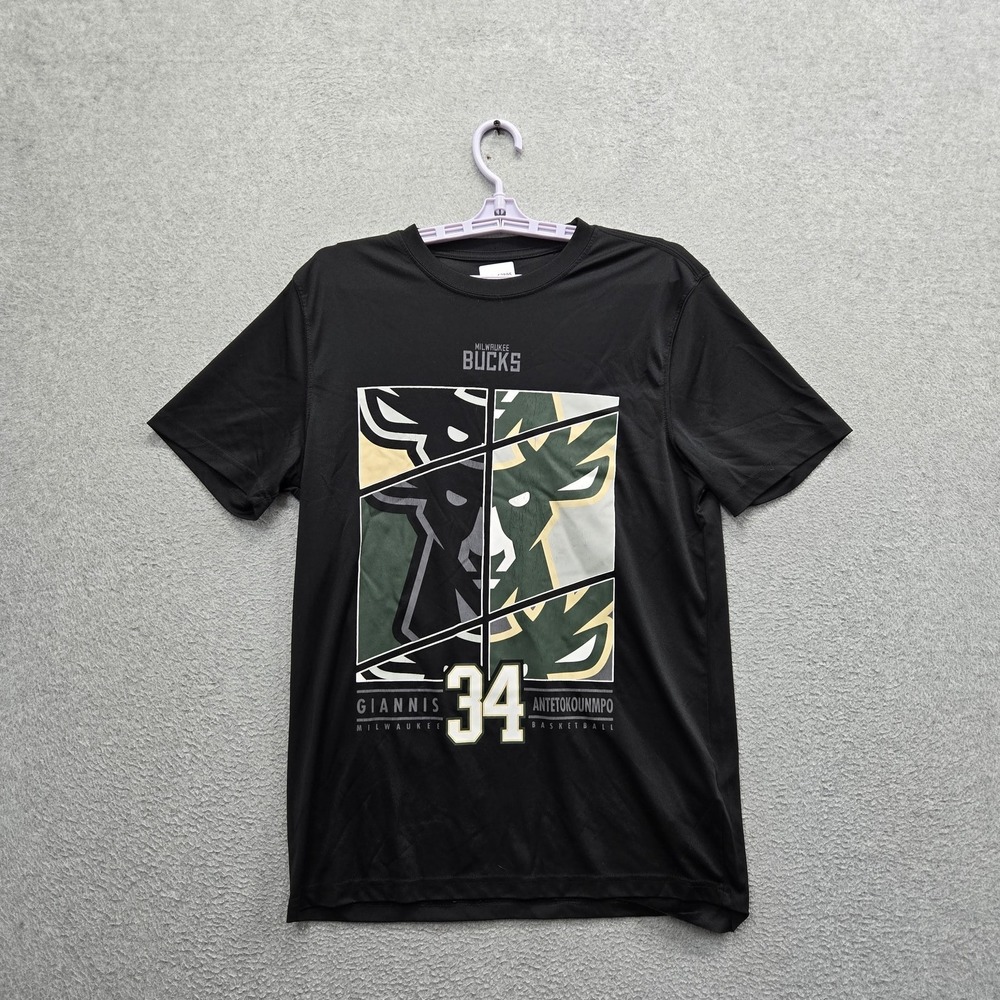 Milwaukee Bucks Men Shirt MEDIUM Black NBA Antetokounmpo 34 Graphic Team Logo